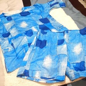 Blue Patchwork T-Shirt and Shorts Set